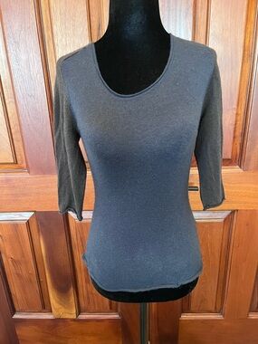 Nau Women Cashmere Silk 3/4 Sleeve Crew Lightweight Sweater 2 Tone Blue Brown